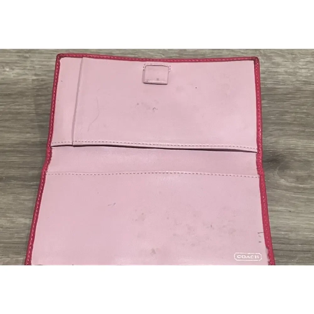 Coach Signature Canvas Checkbook Wallet Khaki Brown Pink Leather